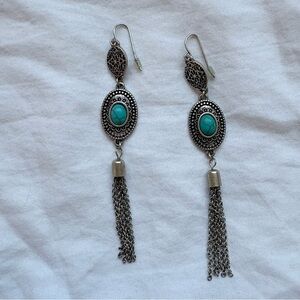SOLD Vintage Boho Faux Turquoise Silver Tone Metal Drop Earrings